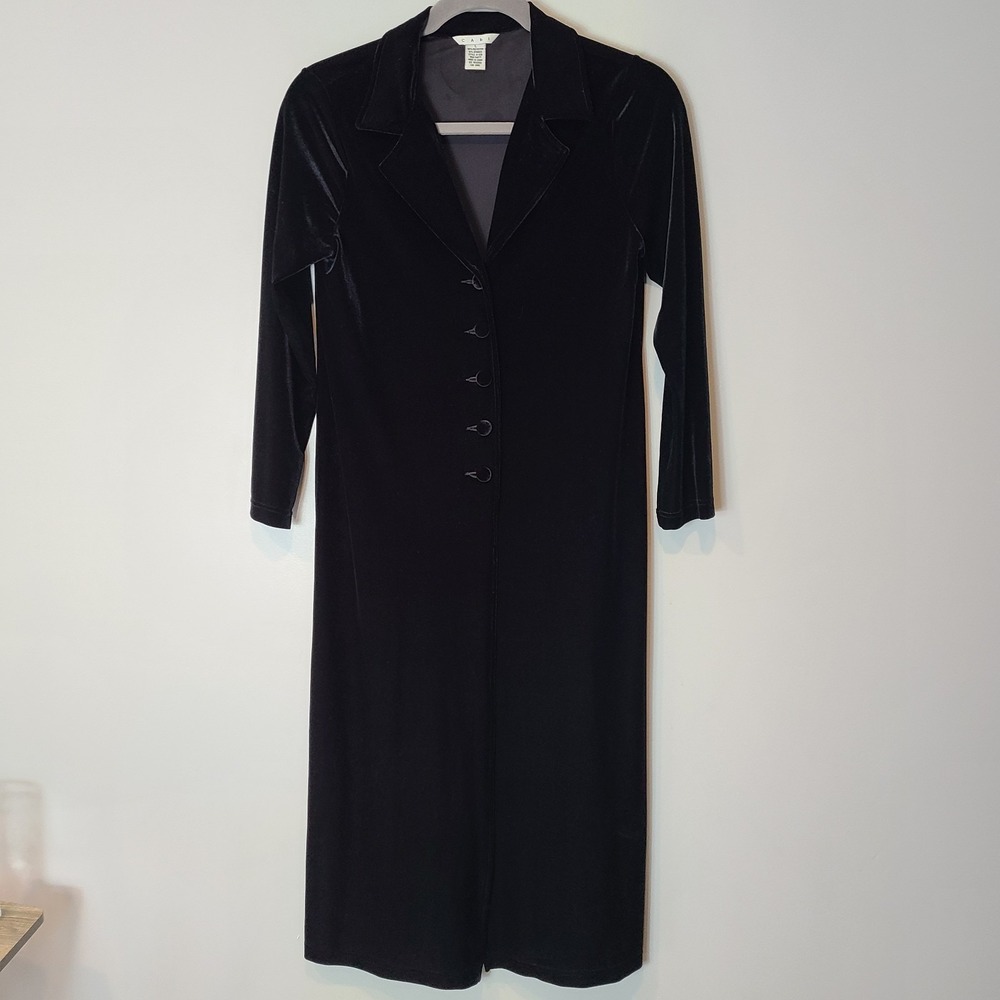CAbi Black Velvet Duster Coat Women's Size Large Long Maxi Jacket Stretch Goth